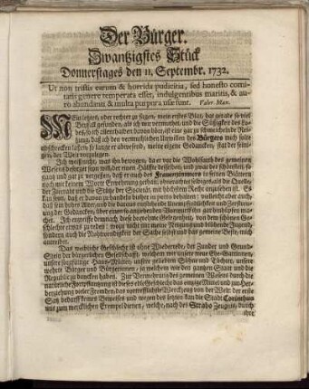 Zwanzigstes Stück Donnerstages den 11. Septembr. 1732.