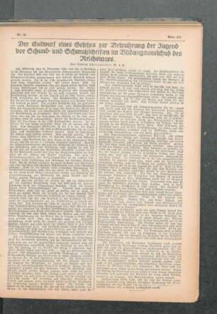¬Der¬ Entwurf eines Gesetzes zur Bewahrung der Jugend vor Schund- und Schmutzschriften im Bildungsausschuß des Reichstages