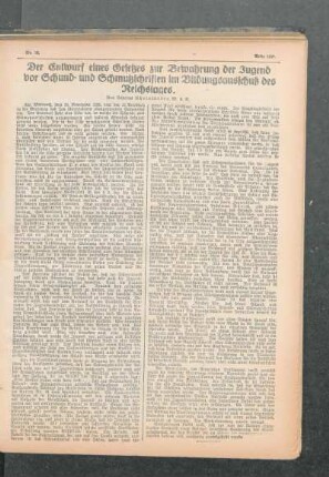 ¬Der¬ Entwurf eines Gesetzes zur Bewahrung der Jugend vor Schund- und Schmutzschriften im Bildungsausschuß des Reichstages