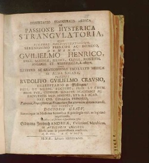 Dissertatio Inavgvralis Medica De Passione Hysterica Strangvlatoria