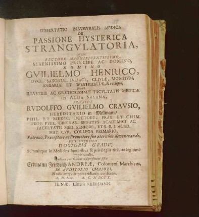 Dissertatio Inavgvralis Medica De Passione Hysterica Strangvlatoria
