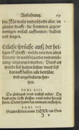 Etliche sprüche auß der heiligen Schrifft/ welche von den alten Leerern/ in nachfolgender underrichtung/ angezogen werden/ Unnd an welche sich halten sollen/ unnd fest darauff fussen/ alle betrübte und angefochtene hertzen.