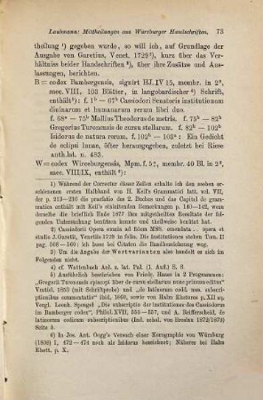 Mittheilungen aus Würzburger Handschriften, 2. Cassiodor's Institutiones saecularium litterarum (oder humanarum rerum) in der Würzburger und Bamberger Handschrift