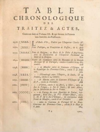 Table Chronologique Des Traitez & Actes, Contenus dans ce Volume III. & qui servent de Preuves aux Intérets des Puissances.