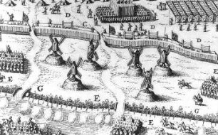 Werben (Elbe). Sechs Bockmühlen, Ausschnitt aus: Königlich Schwedisches Feldlager vor der Stadt, 1631, aus: Wollesen, Ernst: Chronik der altmärkischen Stadt Werben, 1898