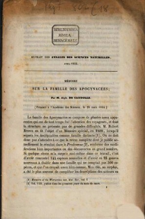 Mémoire sur la famille des Apocynacées : extrait des Annales des sciences naturelles Avril 1844