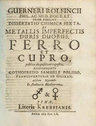 Guerneri Rolfincii ... Dissertatio Chimica Sexta, De Metallis Imperfectis Duris Duobus, Ferro Et Cupro