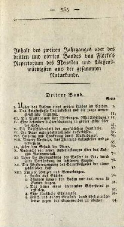Inhalt des zweiten Jahrganges oder des dritten und vierten Bandes von Flörke's Repertorium des Neuesten und Wissenswürdigsten aus der gesammten Naturkunde. Dritter Band