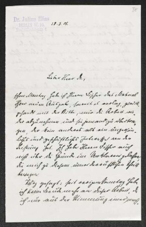 Brief von Julius Elias an Gerhart Hauptmann