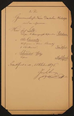 Liste "In die Genossenschaft Freien Deutschen Hochstifts sind neu aufgenommen" (1.10.1875)