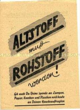 Aufruf der Volkssolidarität zur Spende von Altstoffen zum Zwecke der Wiederverwertung