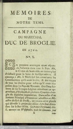 Campagne Du Marechal Duc De Broglie En 1760. No. X.