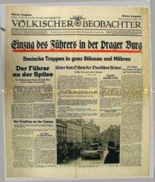 Tageszeitung "Völkischer Beobachter" zum "Einzug" Hitlers in die Prager Burg nach dem Einmarsch der Wehrmacht in der Tschechoslowakei