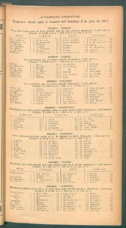 Hipódromo Argentino - Programa oficial para la reunión del domingo 2 de julio de 1911