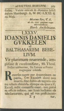 LXXXV. Ioannis Danielis Gukkelen ad Balthasarem Bebelium