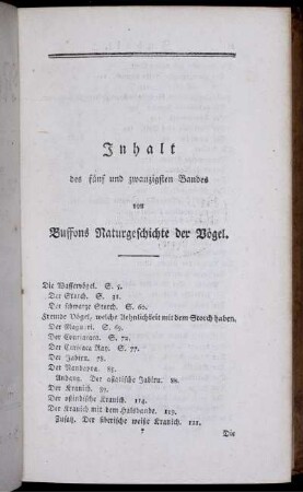 Inhalt des fünf und zwanzigsten Bandes von Buffons Naturgeschichte der Vögel.