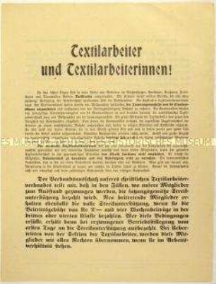 Flugblatt des christlichen Textilarbeiterverbandes gegen politische Streiks