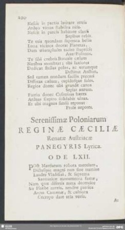 Serenissimae Poloniarum Reginae Caeciliae Renatae Auftriacae Panegyris Lyrica. Ode LXII.