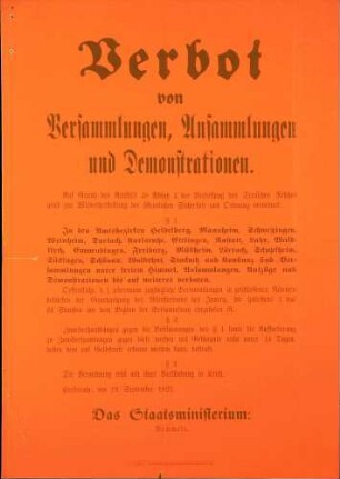 Verbot von Versammlungen, Ansammlungen und Demonstrationen in badischen Amtsbezirken (Badisches Staatsministerium)