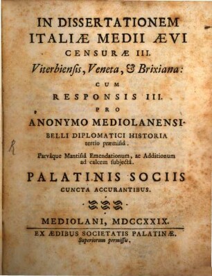 Censura in dissertationem Italiae medii aevi : Cens. III.
