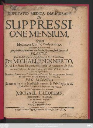 Disputatio Medica Inauguralis De Suppressione Mensium