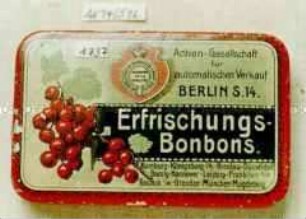 Automaten-Blechdose für "Erfrischungs-Bonbons." (Abbildung roter Johannisbeeren)