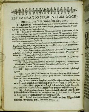 Enumeratio Sequentium Documentorum & Remonstrationum.
