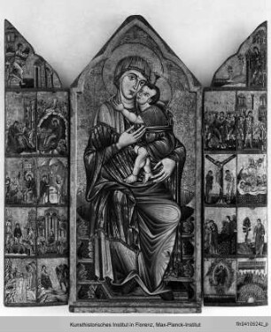 Flügelaltar: thronende Maria m. Kind u. Christusszenen