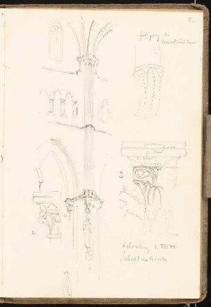 Skizzenbuch 1901: Sebalduskirche in Nürnberg, Pfeiler des Hauptschiffs, Kapitelle, perspektivische Ansicht, Ansichten