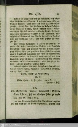 IX. Ebendesselben ferneres Contagions-Mandat, Samt Inserat, sich mit richtigen Feden zu versehen, den 26. Aug. 1713