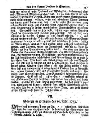 VII. Ebenezer in Georgien den 16. Febr. 1753