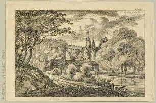 Das Schloss (Burg) Stein (Hartenstein-Stein) südöstlich von Zwickau am Ufer der Zwickauer Mulde, Blick aus östlicher Richtung, aus Lenz’ "50 Landschaften ..."