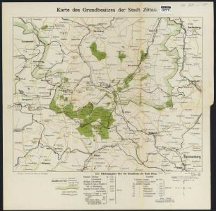 Plan von Zittau und Umgebungskarte mit Einträgen zum Grundbesitz von Zittau , 1:10 000 u. 1:112 500, Lithographie, 1906 : 1. Plan von Zittau / nach Plänen des Stadtbauamtes. Bearb. von R. Müller. - Rev. 1906. - 1:10 000. - Zittau : Haupt u. Schwager, 1906. - 1 Kt. : Lithogr. ; 37,3 x 34,0 cm +++ 2. Karte des Grundbesitzes der Stadt Zittau / Gez. von R. Müller. - Gez. 1900, rev. 1906. - 1:112 500. - Zittau : Haupt u. Schwager, 1906. - 1 Kt. : dreifarb. Lithogr. ; 36 x 29,5 cm