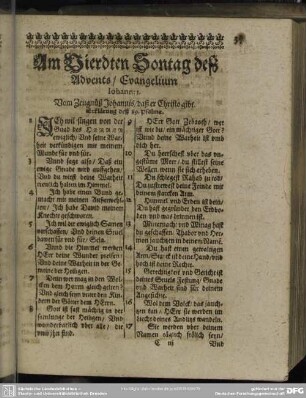 Am Vierdten Sontag desz Advents, Evangelium Johann: 1. Vom Zeugnüß Johannis, daß Christo gibt