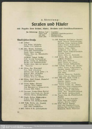 2. Abteilung. Häuserbuch : 2. Abteilung. Straßen und Häuser mit Angabe ihrer Besitzer, Mieter, Straßen- und Ortslisten-Nummern