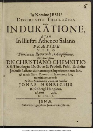 Dissertatio Theologica De Induratione