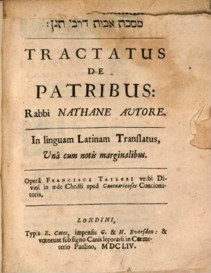 Tractatus De Patribus = Masekhet Avot de-Rabi Natan