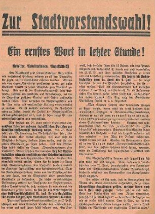 Flugblatt des Wahlausschusses der Vereinigten Kommunistischen Partei für Kandidat Gemeinderat Schwan zur Stadtvorstandswahl [OB-Wahl]