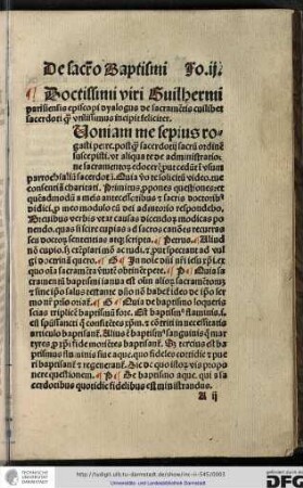 Doctissimi viri Guilhermi Parisiensis episcopi dyalogus de sacramentis cuilibet sacerdoti quam utilissimus incipit feliciter.