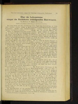 Über die Lebensweise einiger die Nutzbäume schädigenden Blattwespen.