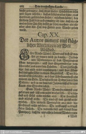 Cap. XX. Der Autor nimmt mit kläglichen Worten von der Welt Abschied
