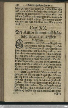 Cap. XX. Der Autor nimmt mit kläglichen Worten von der Welt Abschied