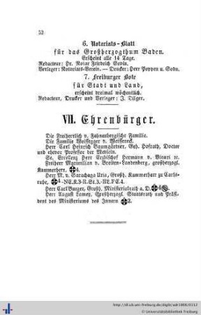 Ehrenbürger, Verzeichniß der Einwohner nach ihren Berufsgeschäften, Verzeichniß sämmtlicher Hauseigenthümer.