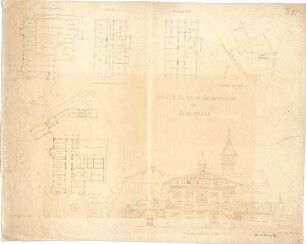 Thiersch, August ; Schliersee (Bayern); Rathaus und Gemeindehaus - Gemeindehaus (Lageplan, Grundriss Hochparterre, Grundriss UG, Grundriss 1. OG, Grundriss DG, Ansicht)