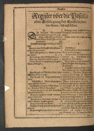 Register uber die Postilla oder Ausslegung der Episteln/ von dem Advent/ biß auff Ostern.