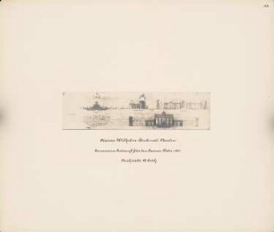 Kaiser-Wilhelm-Denkmal, Berlin: Perspektivische Ansicht Richtung Brandenburger Tor, 1 Schnitt durch die gesamte Anlage, einschließlich Brandenburger Tor und Vorplatz zum Tiergarten, 1 Grundriss, 1 Querschnitt mit Umgebung