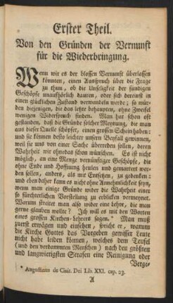 Erster Theil. Von den Gründen der Vernunft für die Wiederbringung.