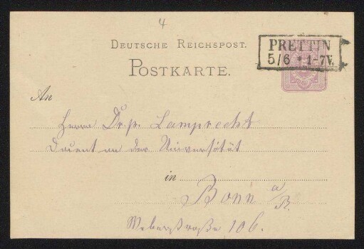 Postkarte an Dr.p[hil] [Karl] Lamprecht in Bonn a[m]/R[hein], Weberstraße 106