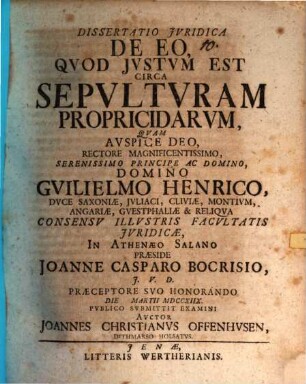 Diss. iur. de eo quod iustum est circa sepulturam propricidarum