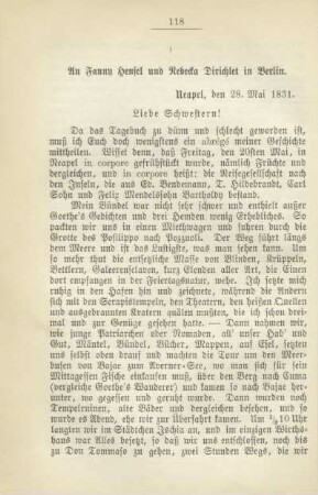 An Fanny Hensel und Rebecka Dirichlet in Berlin. Neapel, den 28. Mai 1831